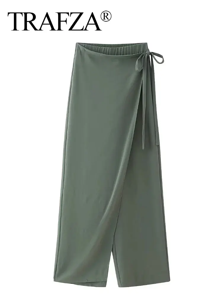 HH Women Fashion Drape Sarong Pants Vintage Solid Side Lace Up Loose Casual Elastic Waist Trousers Woman Asymmetrical Pant