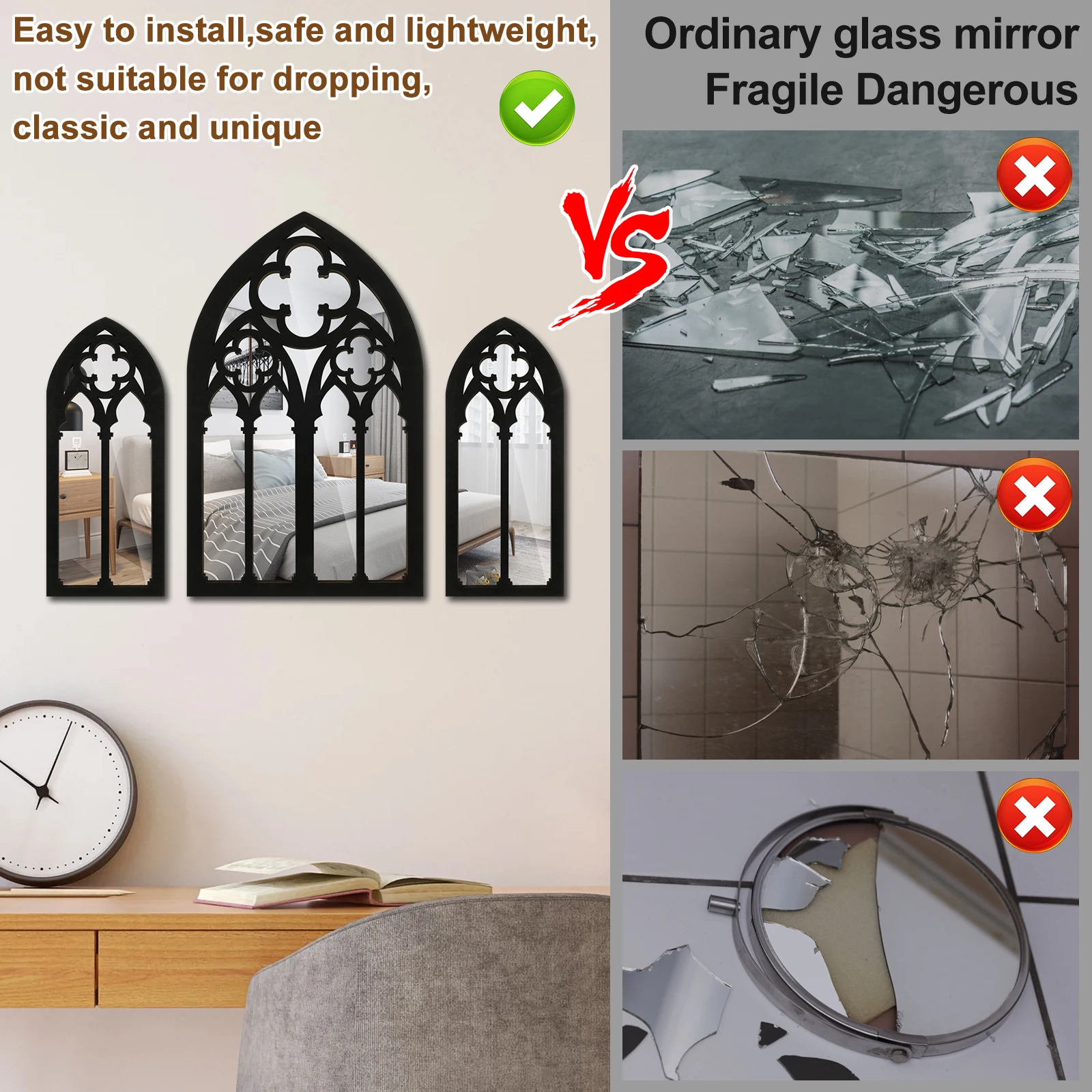 2 Pezzi Specchio da Parete Finestra per Decorazioni da Parete Vintage Rustico Specchio da Parete ad Arco con Vetro Decorativo Specchio da Finestra(Colore registro