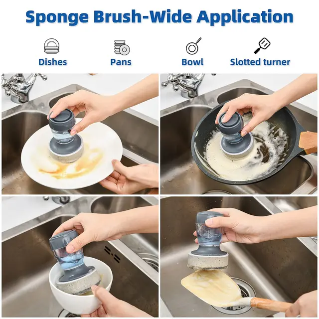 Leeseph Set of 2 Dish Brush with Soap Dispenser, Kitchen Dish Scrubbers Set with Draining Tray for Washing Dishes/Pots 5