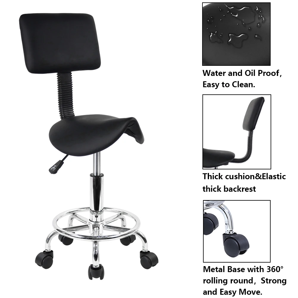 KKTONER Saddle Stool with Foot Rest PU Leather Swivel Adjustable Rolling Stools with Back Support Facial Salon Kitchen Chair 3