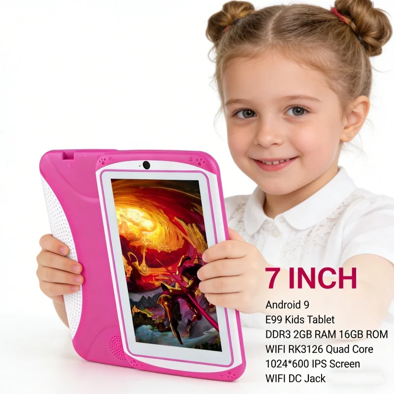 7인치 E99 안드로이드 9 키즈 태블릿 2GB 램 16GB 롬 RK3126 쿼드 코어 1024*600 IPS 와이파이 DC 잭 어린이용 휴대용 학습 태블릿