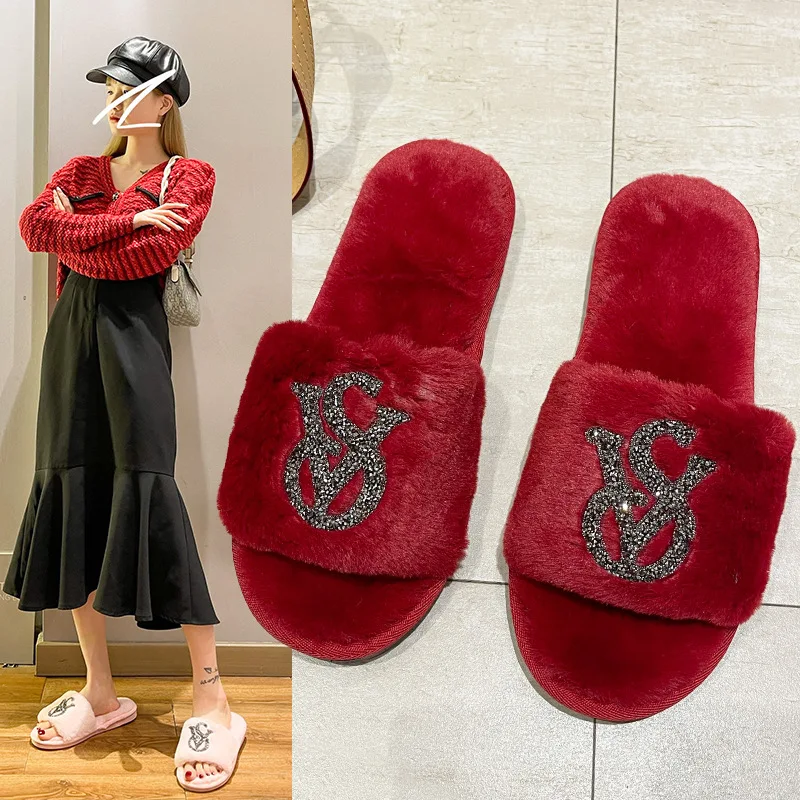 2023 Slippers Women House Slippers Warm Slippers Women Winter Crystal Fur Home Shoes For Women Slippers Casual Plush Comfortable