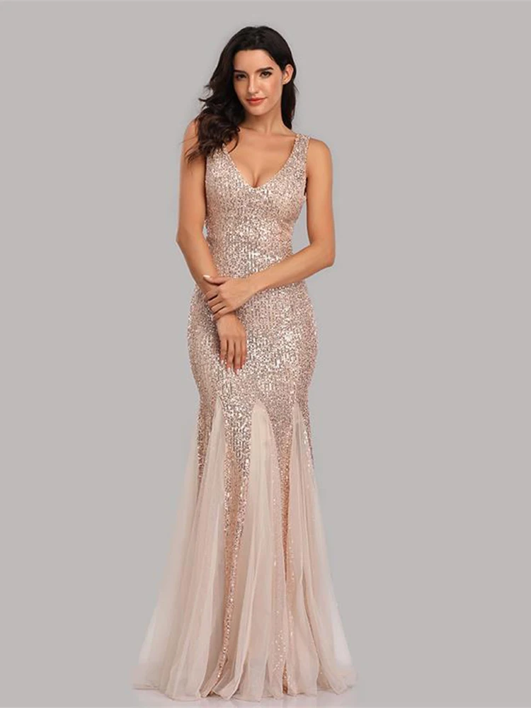 Plus Size V Neck Mermaid Burgundy Dress Long Formal Prom Party Gown Sequins Sleeveless Robe De Soriee Sexy Evening Vestido De