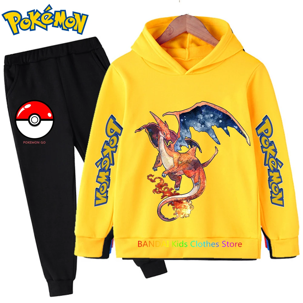 

Spring Autumn Kids Girls Pokemon Clothing Kawaii Pikachu Hoodies+Pant 2pcs Kids Designer Clothes set Cotton Cartoon Sportwear