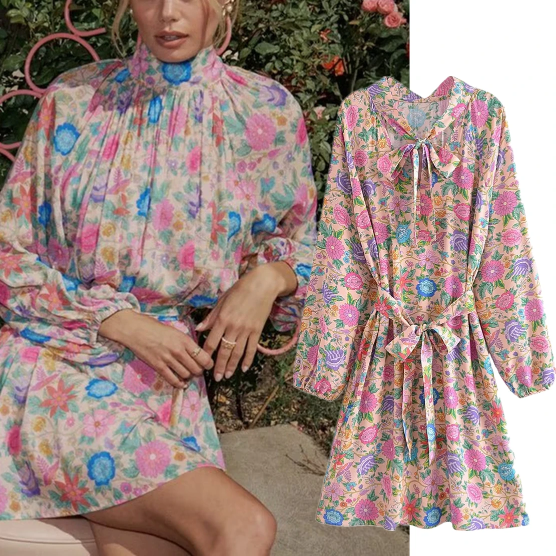 

Elmsk French Retro Country Style Flower Print Bow Loose Dress WIth Belt Cotton Summer Holiday Dress Women