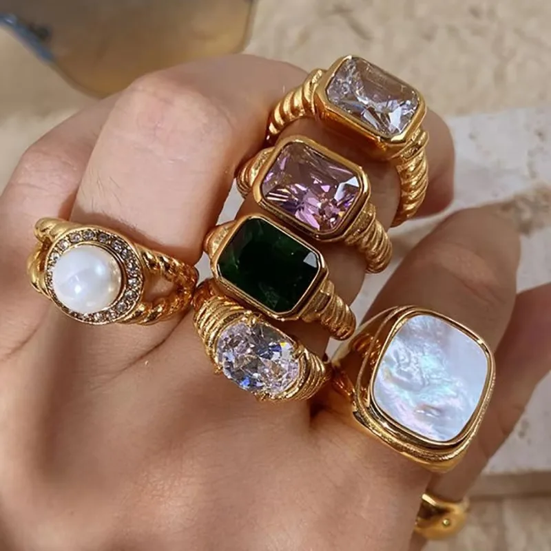 18K Gold Plated Square Multi-color Crystal Chunky Rings Stainless Steel Hypoallergenic Texture CZ Zircon Knuckle Ring Anillos