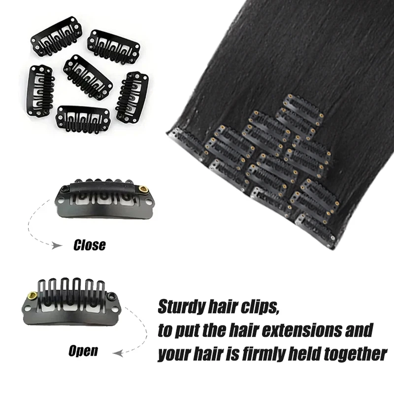 Long straight hair extensions with 16 clips and a seven piece set to increase hair volume, natural wig pieces