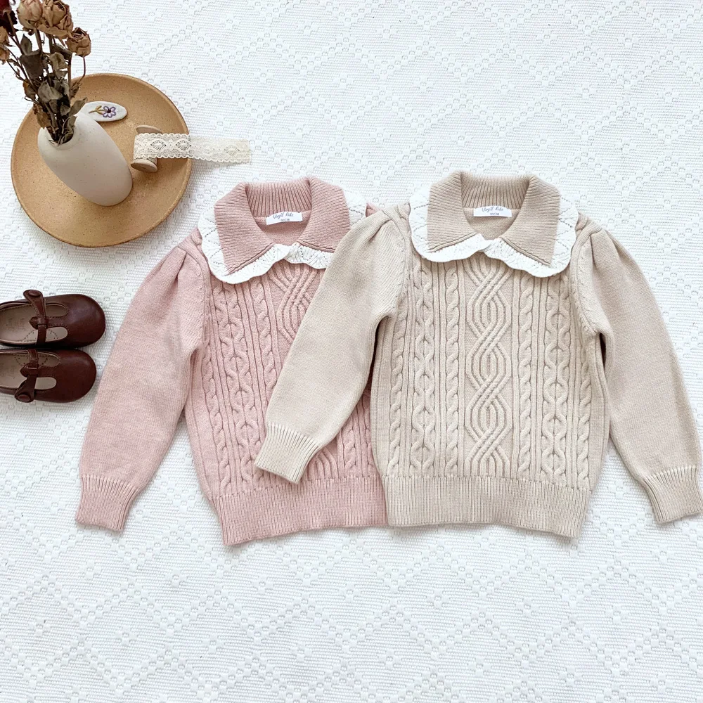 

New Autumn Kid Girl Sweater Long Sleeves Knit Top Thick Coat Children Clothes Winter Girls' Lapel Collar Core-spun Yarn Sweaters