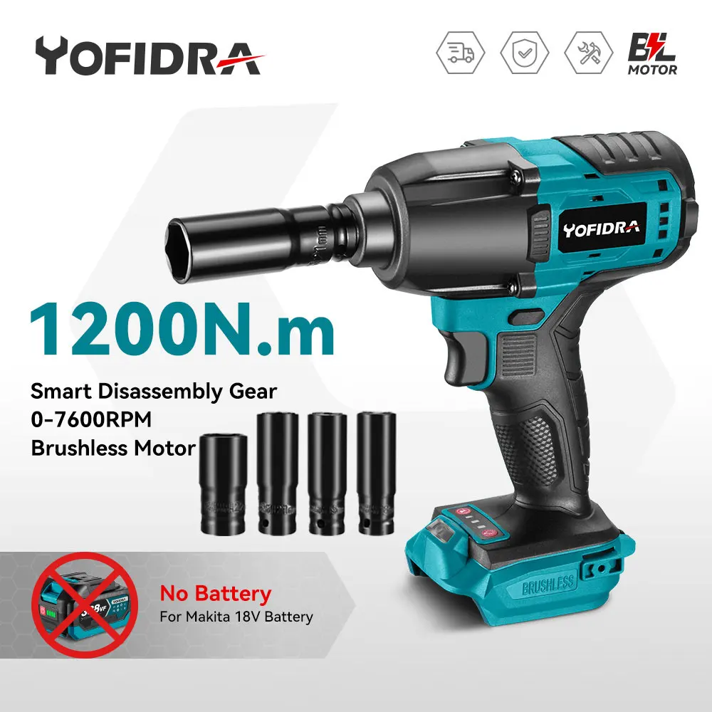 Yofidra 1200N.m Brushless Electric Impact Wrench Cordless Wrench Socket 1/2'' Car Wheels Repair Tools For Makita 18V Battery