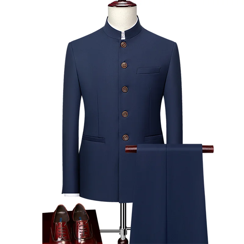 Tang Suit Men Plus Size 6XL-M Chinese Style Stand Collar Suits Groom Wedding Fashion Design Slim Fit Blazer Pants Tuxedo 2 Piece
