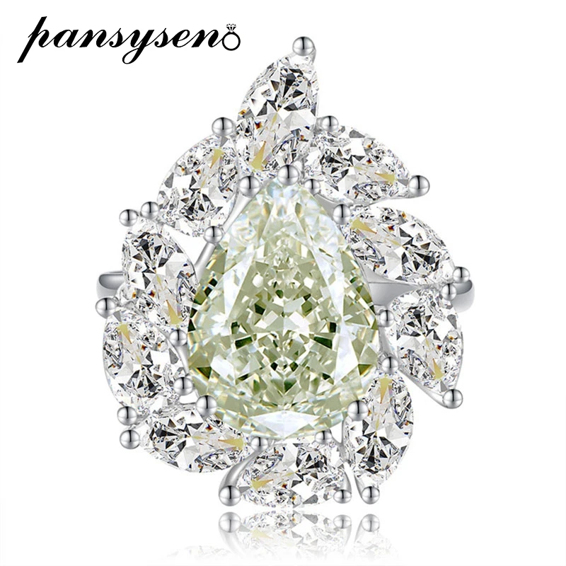 

PANSYSEN Luxury 925 Sterling Silver 12.8CT Pear Cut High Carbon Diamond Gemstone Wedding Engagement Rings for Women Fine Jewelry