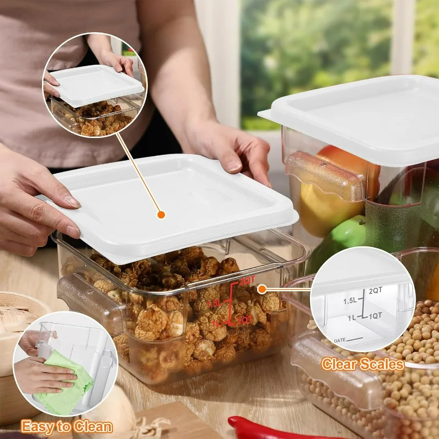8 Pcs Food Storage Container with Lids Set 2qt and 4qt Square Clear Commercial Containers with Scales Handles for Home Restauran view 5