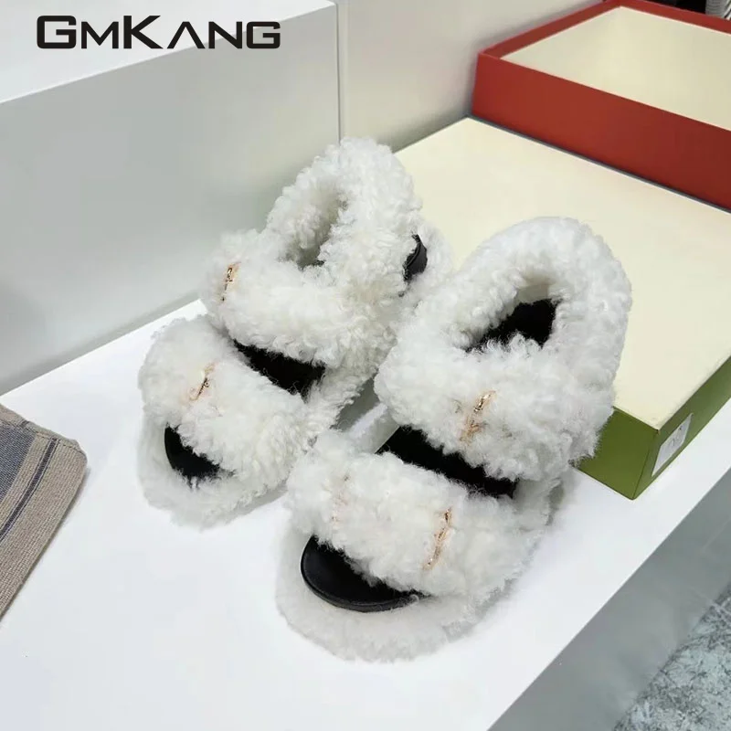 

Lamb hair sandals for women with round head straps and thick soled slippers for women with fashionable and comfortable Roman sho