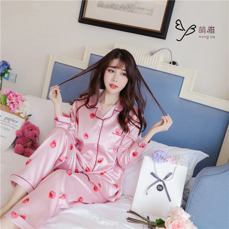 S-5XL oversize Womens Pajama Sets Imitation Silk Women Long Sleeve Trousers Pyjamas Silk satin Pajamas Sleepwear Sleepshirts