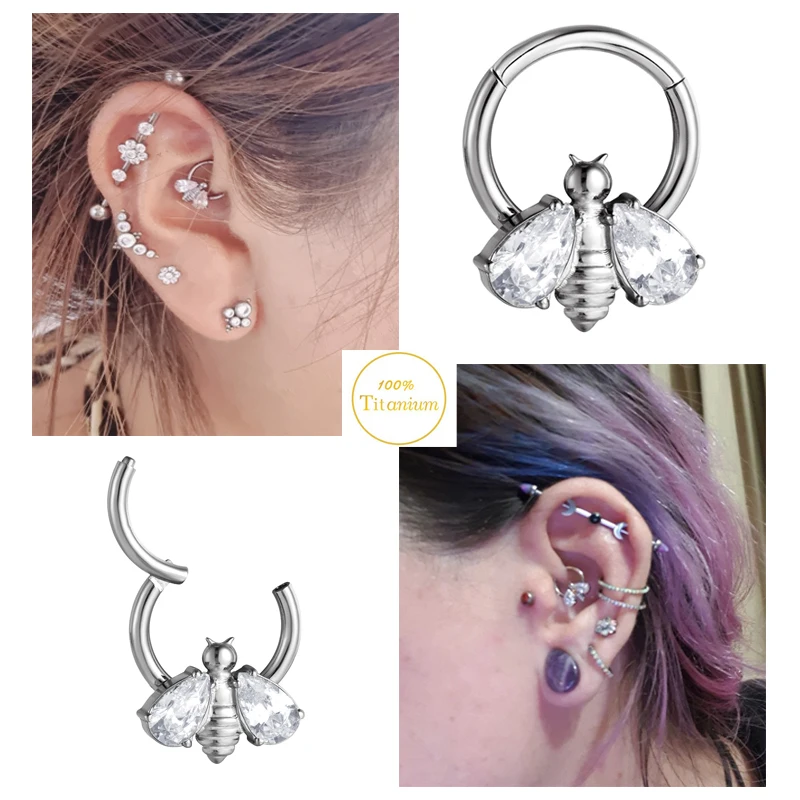 G23 Titanium Piercing Nose Rings Honeybee Zircon Hight Segment Clicker Open Small Diaphragm Ear Cartilage Earrings Jewelry 16G