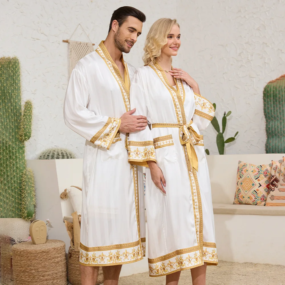 Autumn New Baroque Style Couple Nightgown Long Sleeve Robe Long Morning Robe Luxury Silk Satin Bathrobe Home Clothes