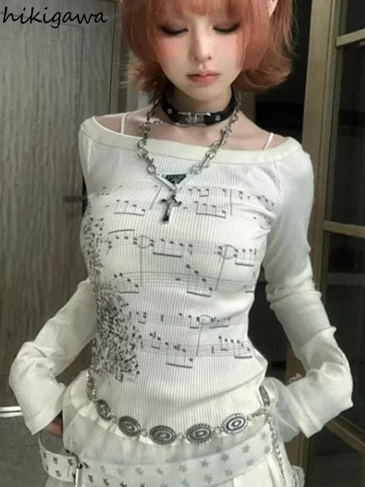 Lace-up with Neckline Detail Punk Girl Print Slit Gloves White Y2K T-Shirt