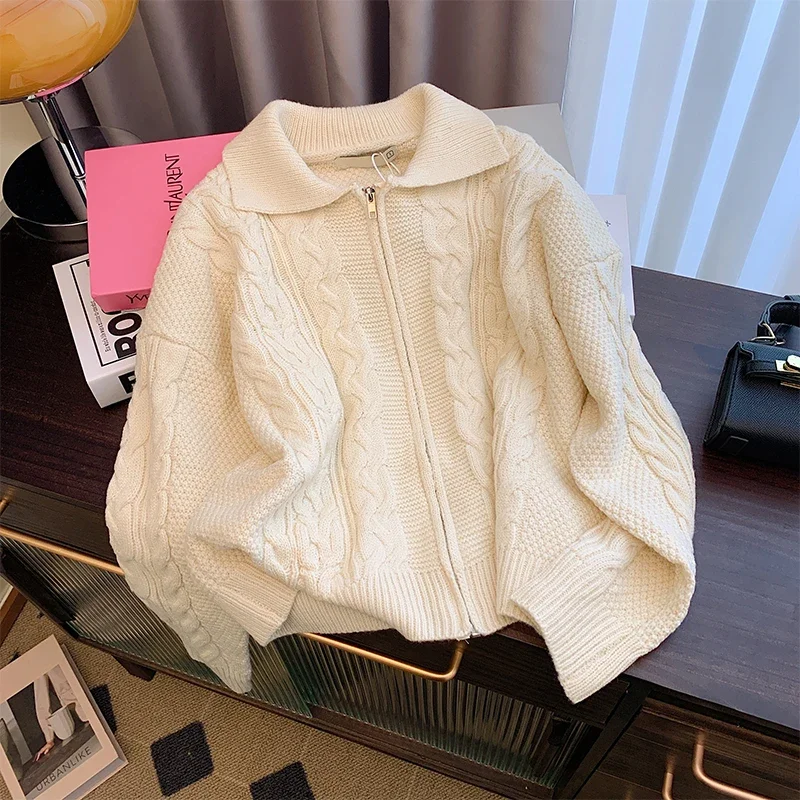 

Vintage Apricot Loose Polo Neck Women's Cardigan Winter Knitting Zipper Casual Fashion Female Sweater Simple Office Lady