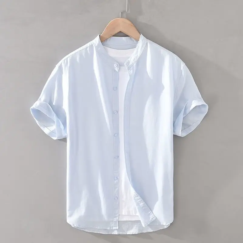 Icool Business Men's Linen Tops Solid Color Thin T-shirt With Short Sleeves Fashion Trend Handsome Loose Coat