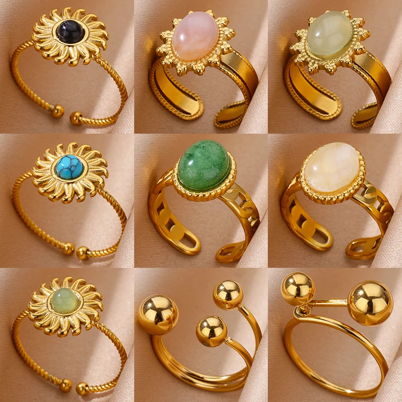 Vintage Green Oval Opal Rings for Women Stainless Steel Gold Color Open Adjustable Wedding Ring Aesthetic Waterproof Jewelry BFF 1