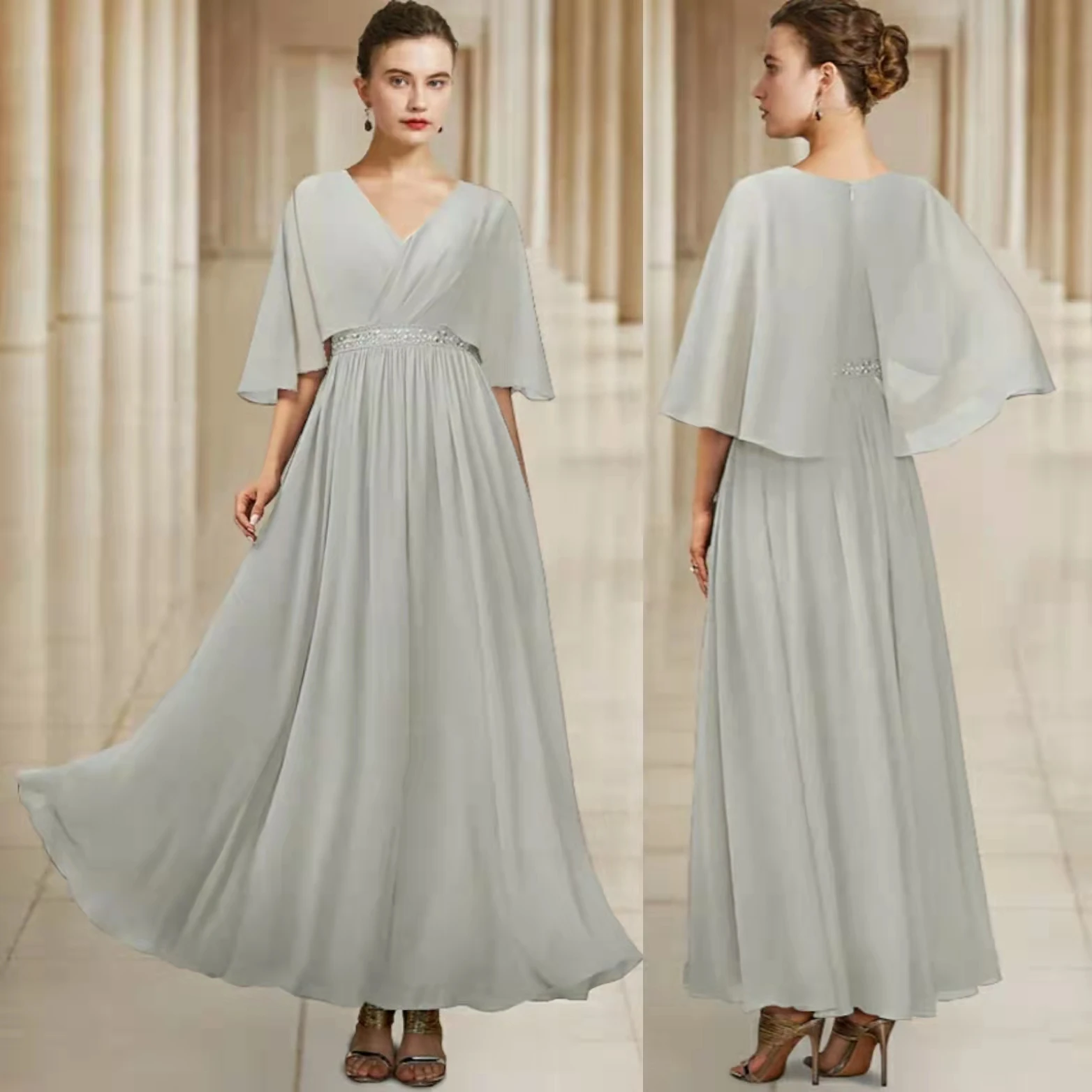 

Short Light Gray Chiffon Mother of the Bride Dresses A-Line V-Neck Ankle Length Mother of the Groom Dress for Women