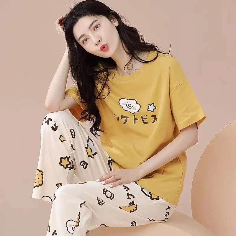 Pyjamas Set for Women‘s Short Sleeve Long Pants Student Casual Cartoon Bear Sweet Cuet Sleepwear Loungewear Romantic Nightwear 4
