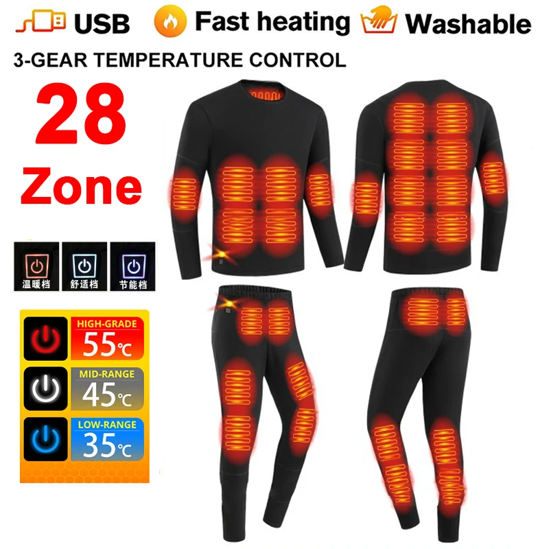

Women's Electric Heated Jacket Vest Winter Heated Underwear Men's Ski Suit Heating Clothing Fleece Thermal Long Johns 28 Areas
