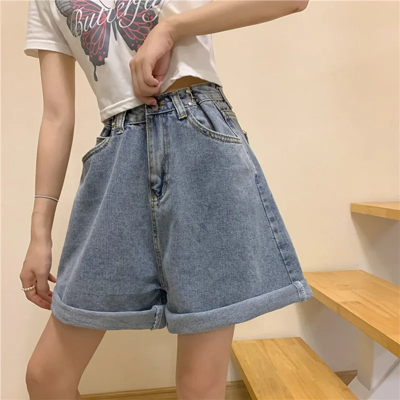 shorts women Loose High Waist Denim Shorts Women 2021 New Korean Raw Edge Straight Wide Leg Pants Thin Versatile Female Pants Shorts Blue womens clothing