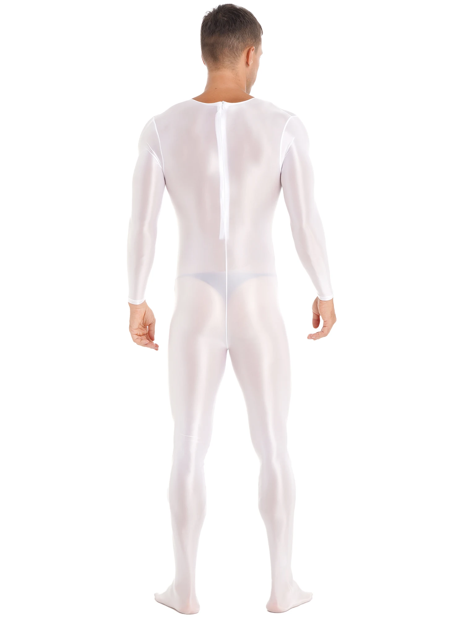 Mens Bodysuit Swim Mock Neck Back Zipper Bodystocking Glossy Solid Color Long Sleeve Bodysuit Sportwear Nightwear Swimwear