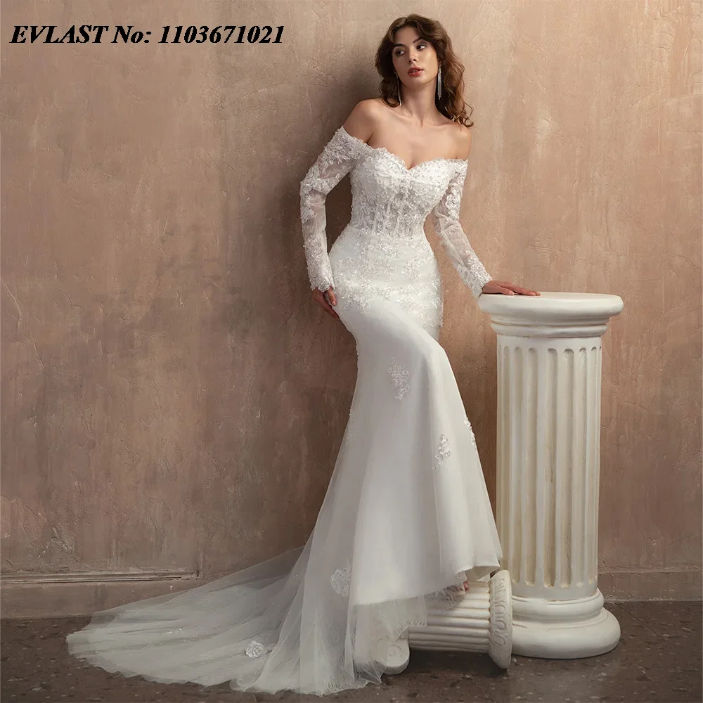EVLAST Customized 2025 Mermaid Wedding Dress Off Shoulder Lace Applique Beading Vestido De Novia Bridal Gown Robe De Mariee MD05 3