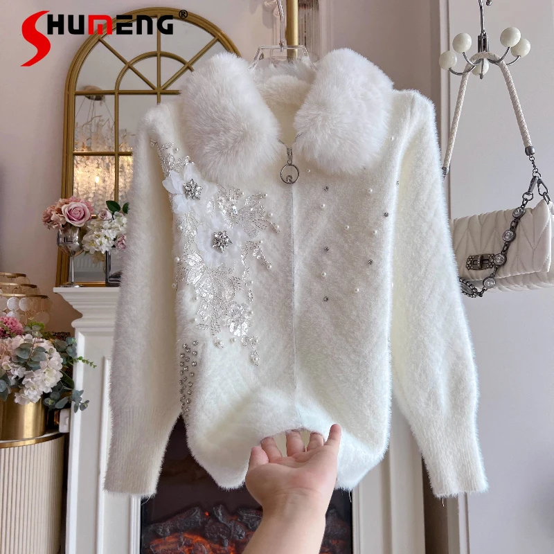 Women 2025 Autumn Winter New Rhinestone Knitwears Faux Fox Fur Collar Knitted Cardigan Ladies Trendy Loose Comfort Sweater Coats