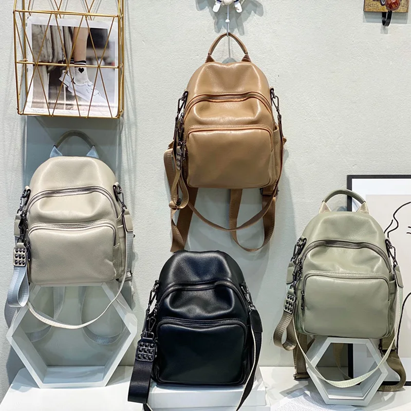 AODUX 100% Soft Genuine Cow Leather Calfskin Women Backpacks Top Layer Nature Cowhide Dual Function Backpack One-Shoulder Bags