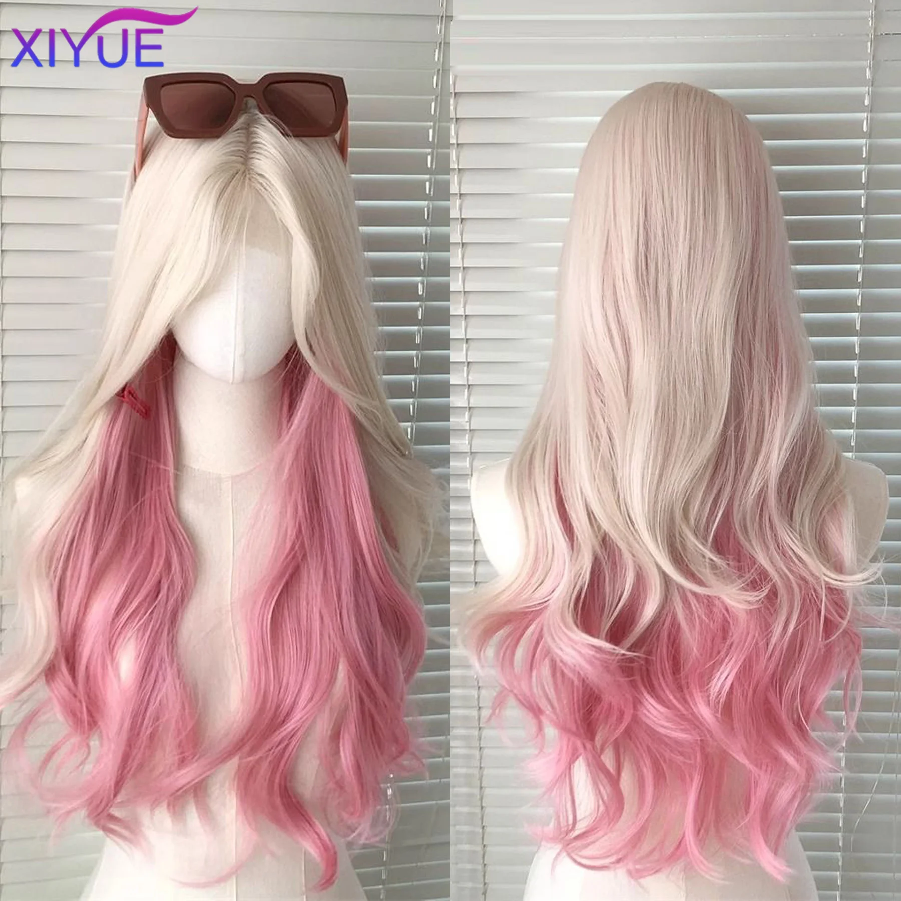 XIYUE Long Natural Wavy Platinum Blonde Pink Synthetic Wigs with Bangs for Women Heat Resistant Fiber Cosplay Party Lolita