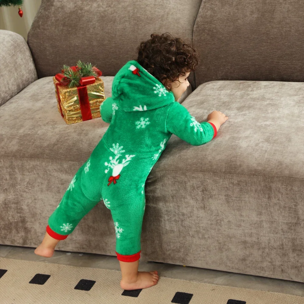 Winter Children's Christmas Pajamas Baby Boys Girls Zipper Hooded Jumpsuit Warm Thick Flannel Romper Xmas Clothing