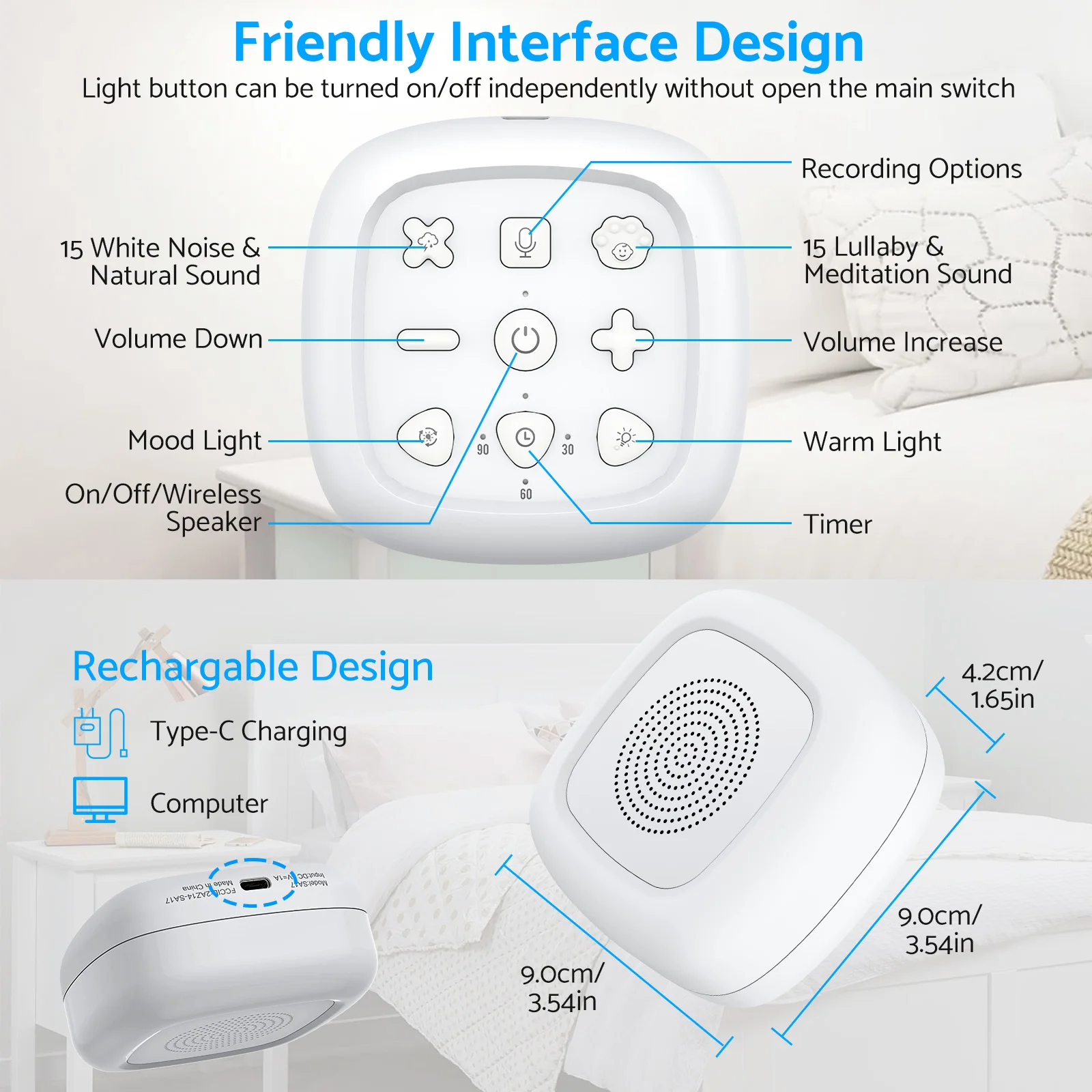 Portable White Noise Machine Baby 30 Sleep Sounds 7 Colour Baby Night Light 16 Levels Volume Adjustment with Memory Function