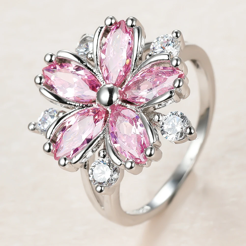 Cute Female Pink Crystal Stone Ring Charm Silver Color Thin Wedding Rings For Women Dainty Bride Flower Zircon Engagement Ring crystal rings engagement rings zircon rings stone rings wedding rings finger rings