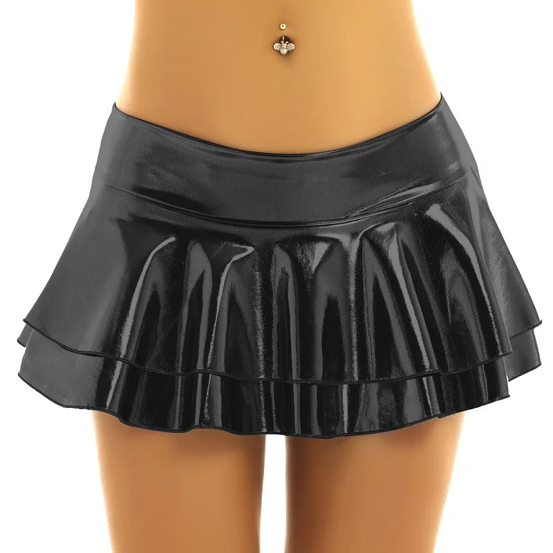 Women PU Faux Leather Solid Color Pleated Micro Mini Skirt High Waist Sexy Short Skirts Party Clubwear Costume Lingerie 4