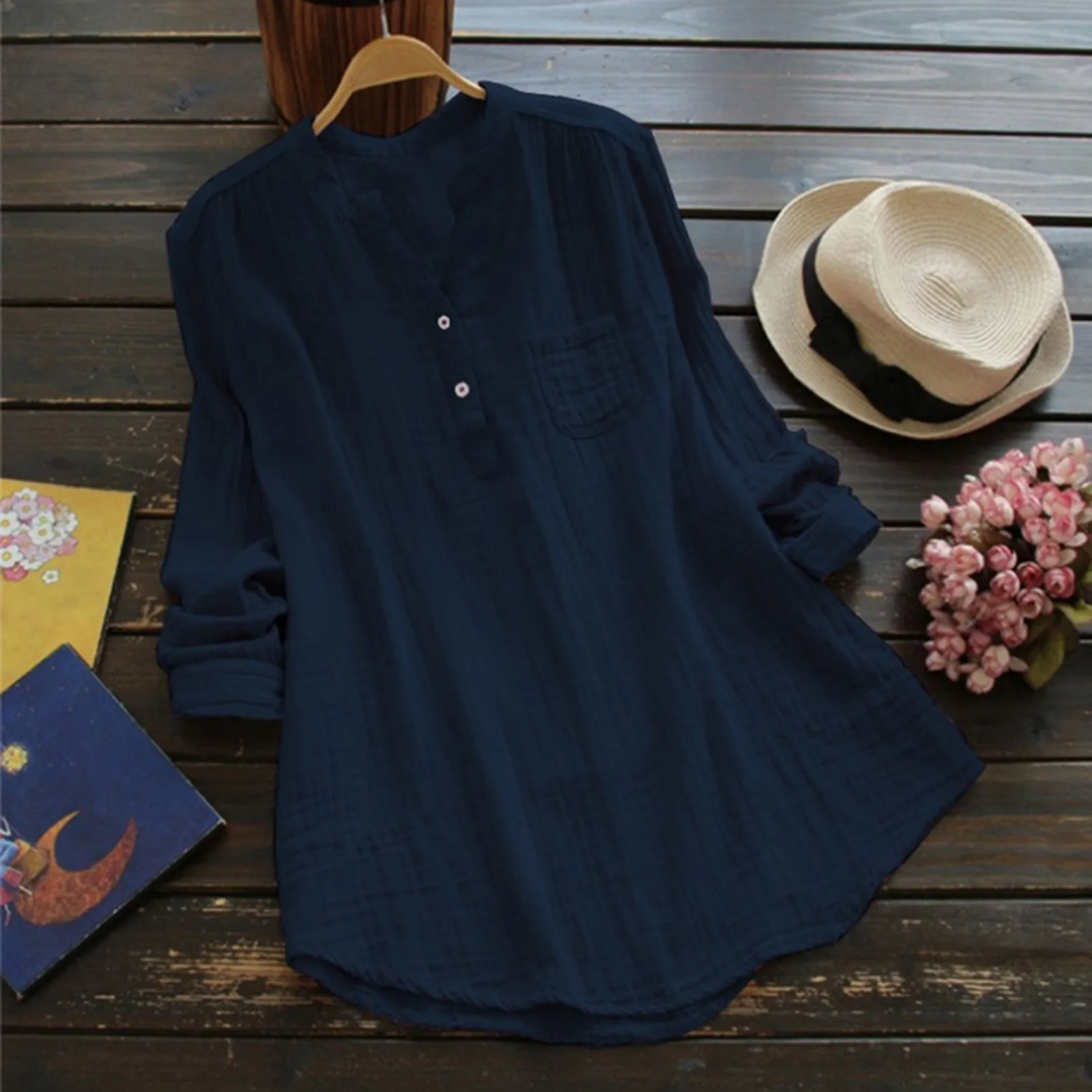 Women Long Sleeve Cotton Linen Blouse 2023 Summer Plus Size Oversized Boho Vintage Shirts Top Lady V-neck Casual Loose Blusas images - 6