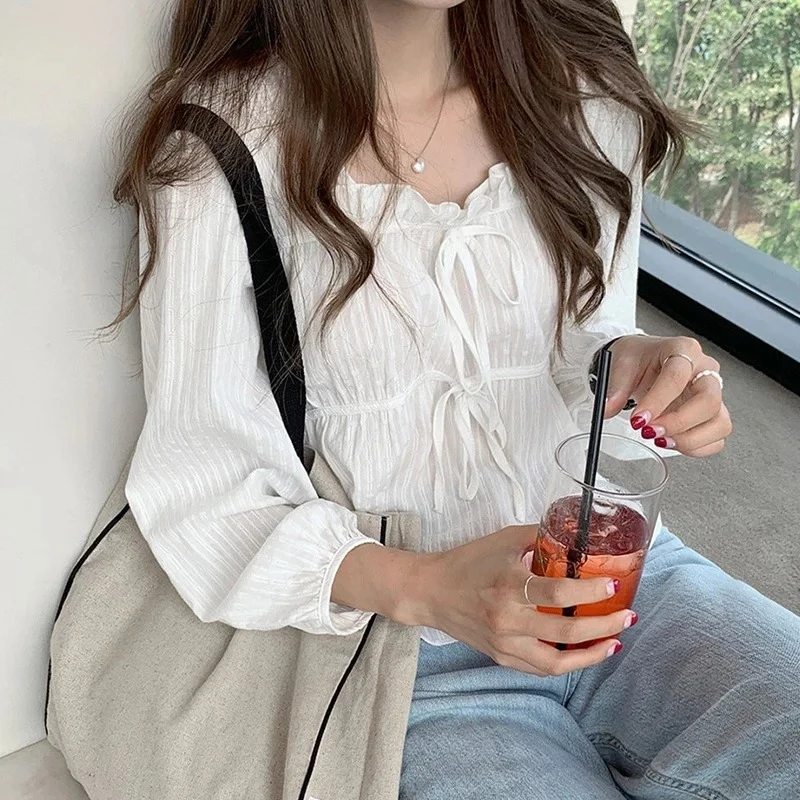 Fashoin New Vintage Loose White Blouse Women Casual Long Sleeve Ruffled Shirt Tops Fashion Square Collar Solid Lady Shirts 11700 2