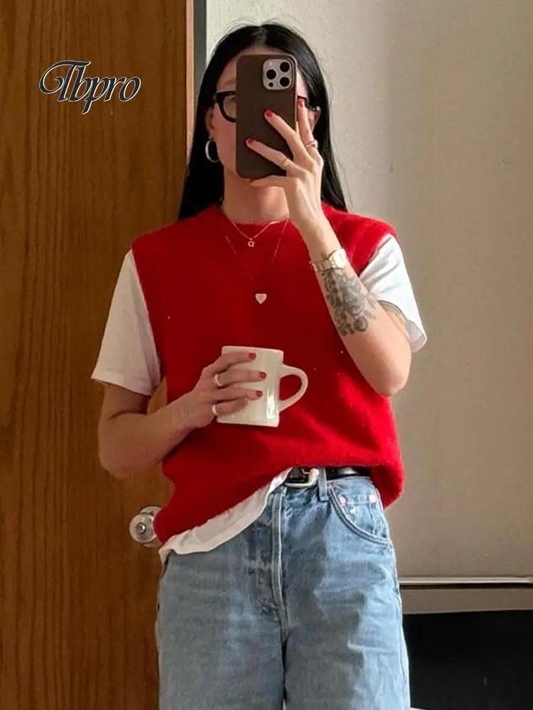 

Повседневный Свободный вязаный жилет с круглым вырезом, женский модный красный теплый свитер, жилет, Осенний вязаный женский базовый пуловер для офиса, топы