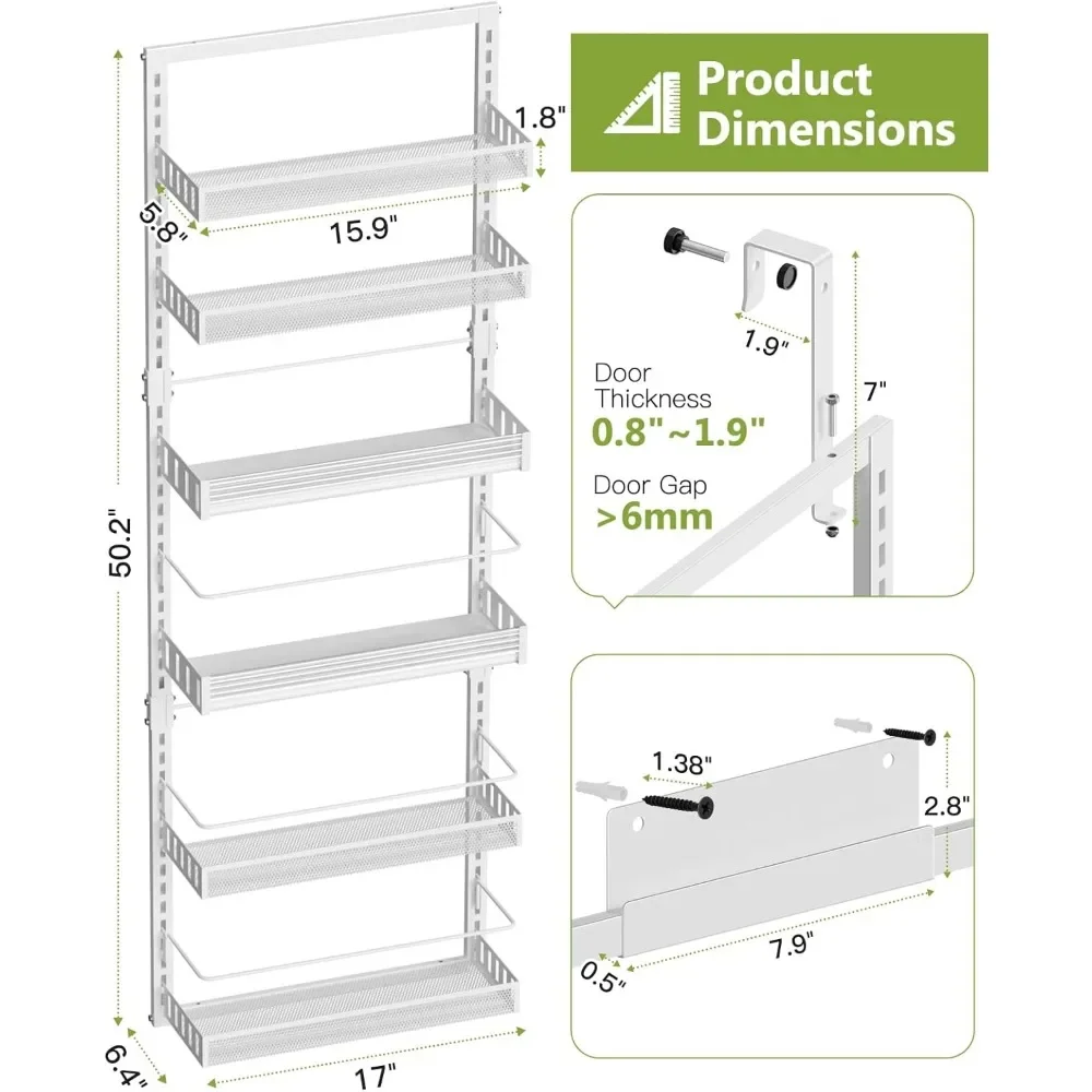 6-Tier Over The Door Pantry Organizer, 2 in 1 Large Door Spice Rack with Adjustable Metal Baskets, Heavy Duty Hanging