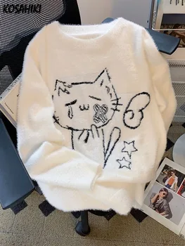 Vintage Preppy Kawaii Cartoon Jacquard Pullovers Sweet Harajuku Loose Grunge Jumpers Y2k Aesthetic Women White Knitted Sweaters 1