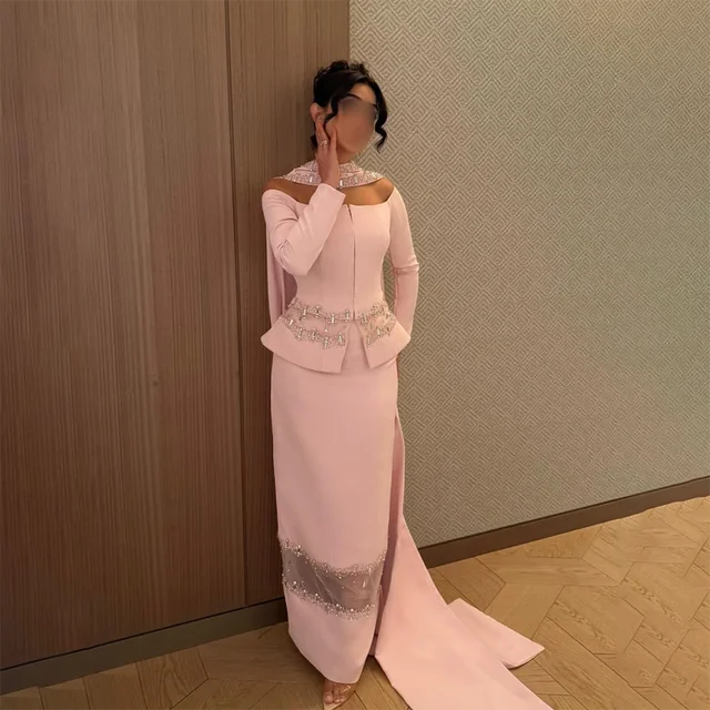 Formal Evening Dress Off The Shoulder Long Sleeves Pink Party Dresses for Women 2025 Crystal Straight Prom Gowns Customized 2