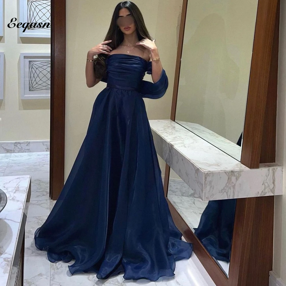 Elegant Strapless Navy Blue فساتين مناسبة رسمية Prom Dress Long 2024 Simple Organza A-line Party Evening Vestidos De Noche