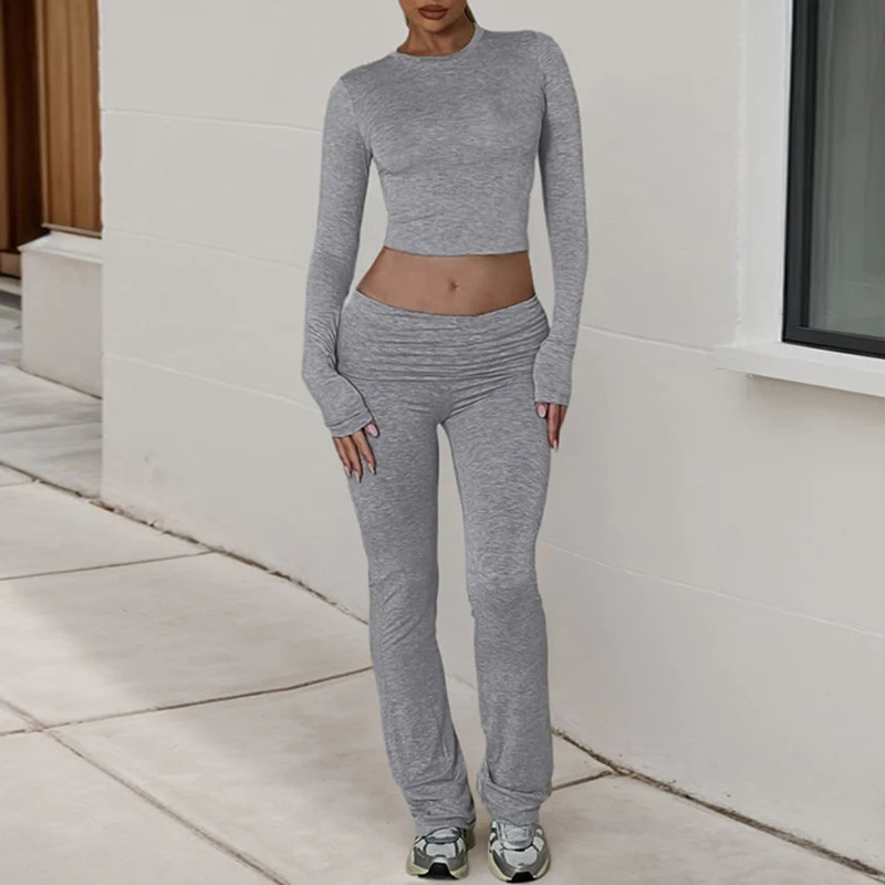 Rockmore Casual Minimalist Solid Women's Long Sleeve Crew Neck T Shirts Low Waist Pants Sets Comfy Breathable Two Piece Outfits 3