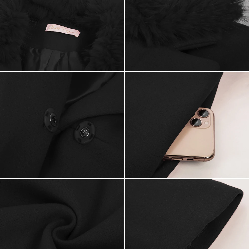 BP Women Detachable Fur Collar Overcoat With Belt Lapel Collar Knee Length Coat  Mid-Length Winter Outerwear Solid Jacket A30