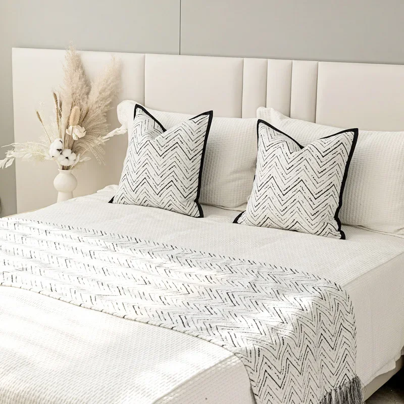 

Черно-белое полотенце для кровати с волнистым рисунком, хлопковая нить, бахрома, наволочка, утолщенное одеяло с геометрическим рисунком