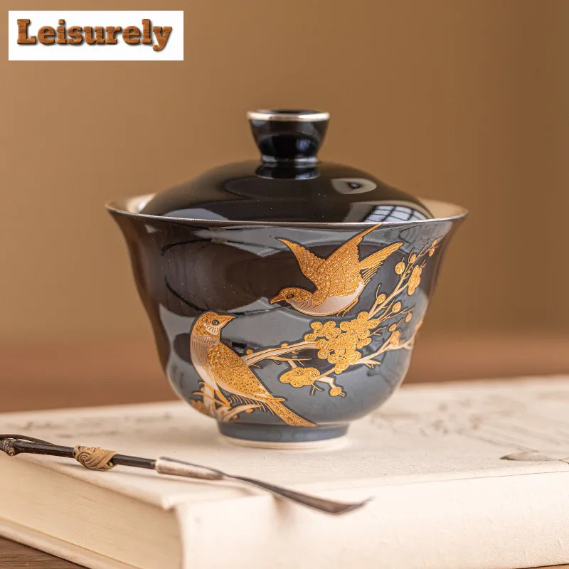 110ml High End 999 Silver Gilded Gaiwan Retro Pearl Glazed Flower And Bird Tea Tureen Tea Making Cover Bowl Drinkware Collection