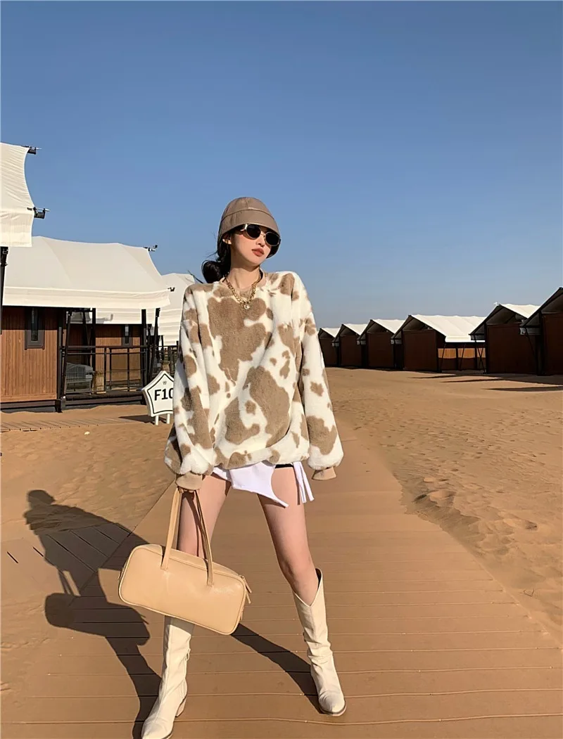 Flannel Pattern Leopard Print Long Sleeve O-Neck Retro Pullover Sweatshirt Graphic Hoodie Ladies Clothes Top Casual Winter