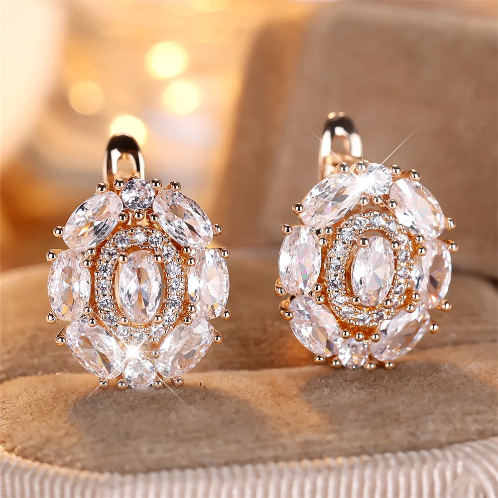 Luxury Crystal Oval Stone White Zircon Hoop Earrings For Women Vintage Gold Color Ear Buckle Wedding Jewelry Versatile Gifts